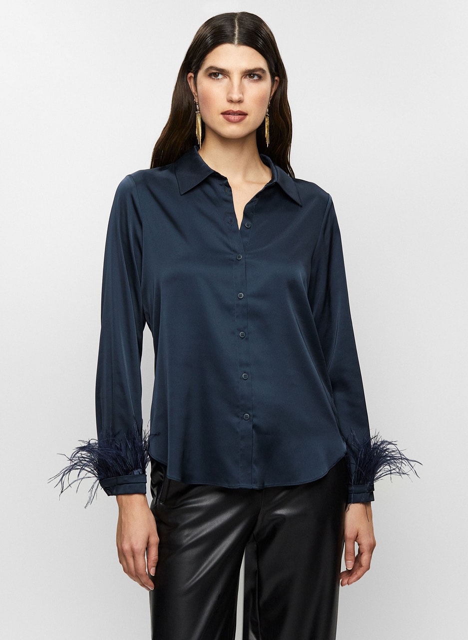 Feather Cuff Satin Blouse