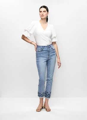 Tiered Sleeve Top & Embroidered Hem Jeans