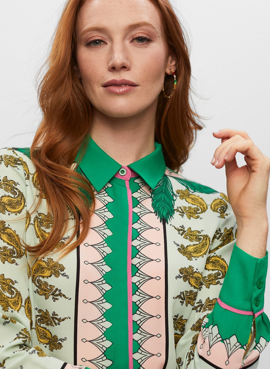 Mixed Print Button Front Blouse