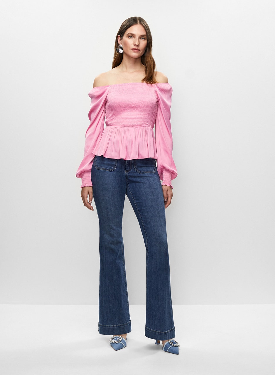 Satin Peplum Top & Flare Leg Jeans