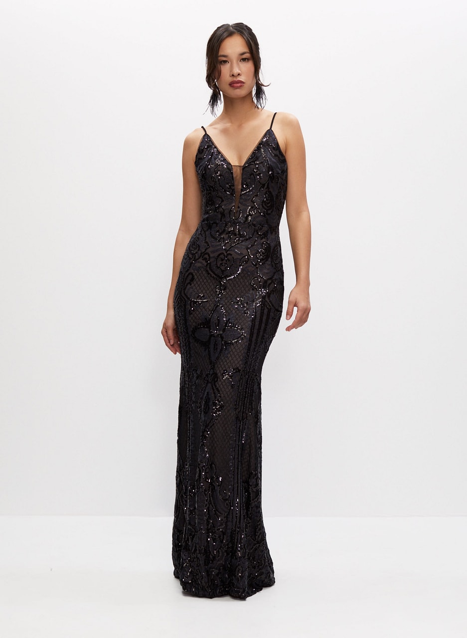 Deep V-Neck Sequin Gown