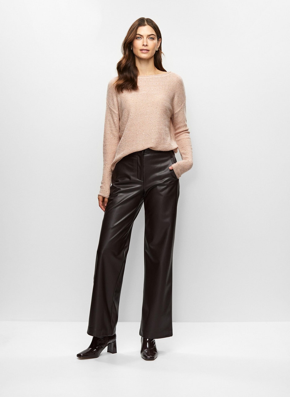 Sequin Detail Knit & Vegan Leather Pants