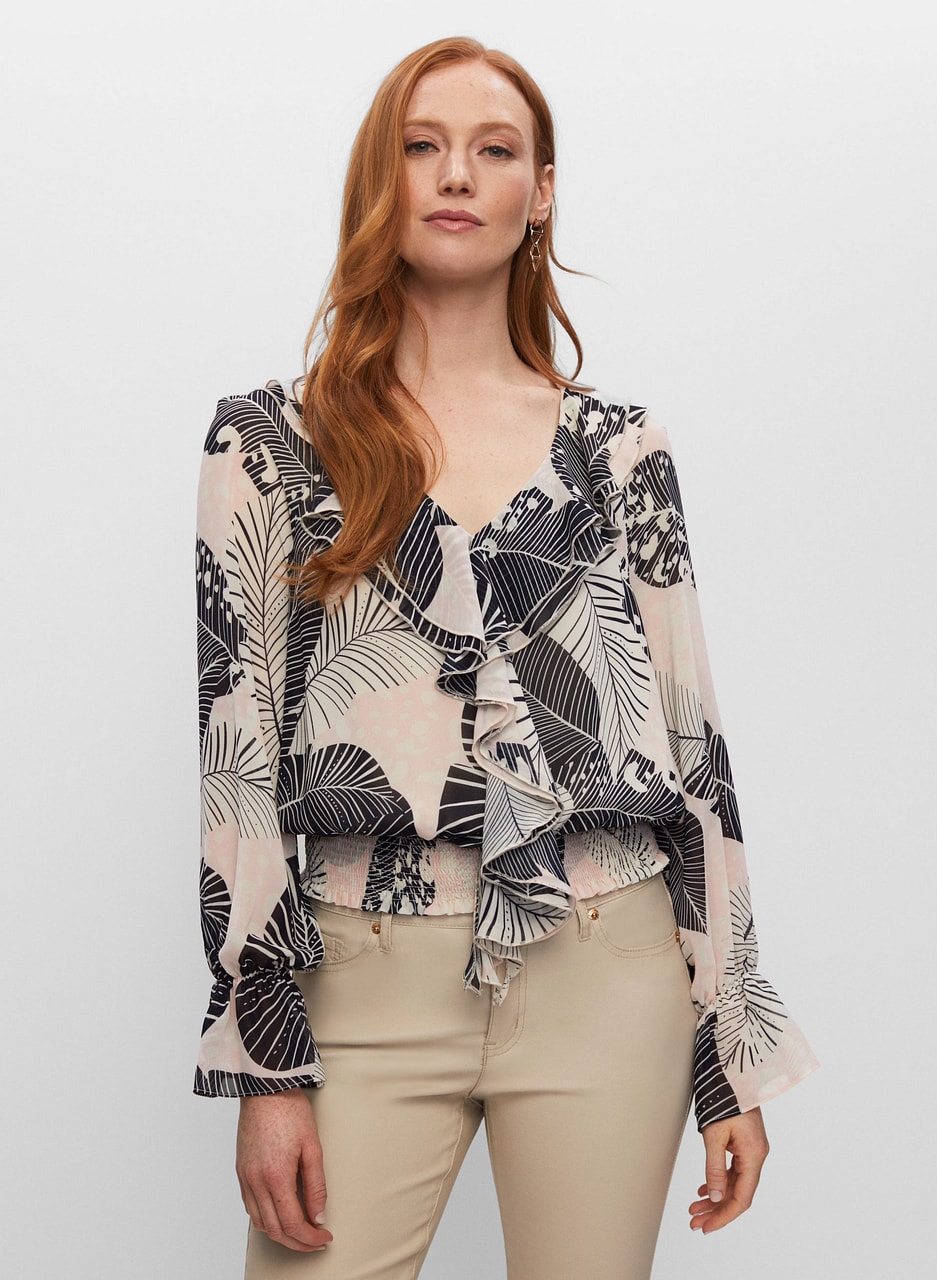 Palm Motif Ruffle Detail Blouse