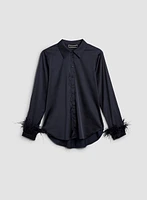 Feather Trim Satin Blouse