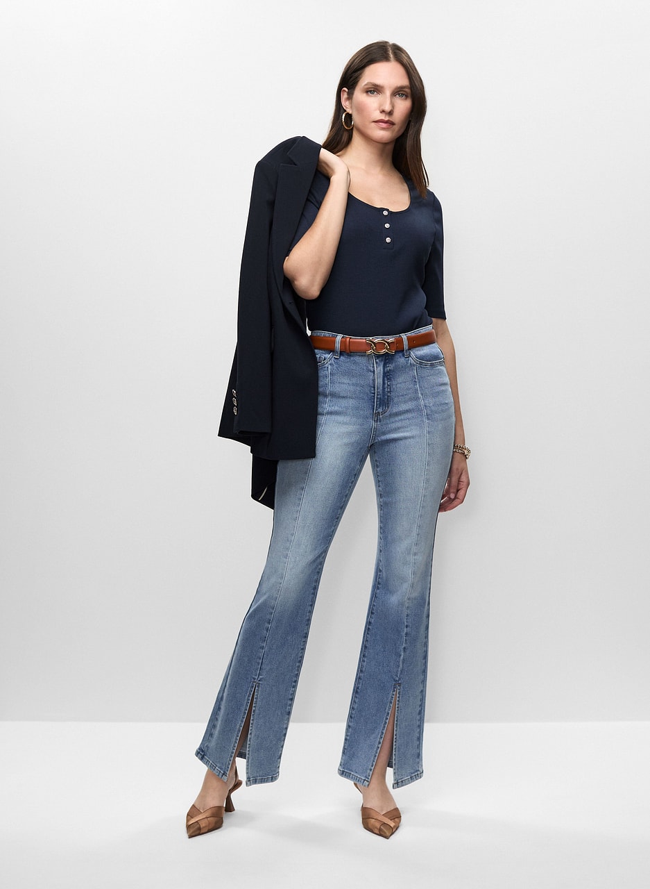 Button Detail Jacket & Flare Leg Front Slit Jeans