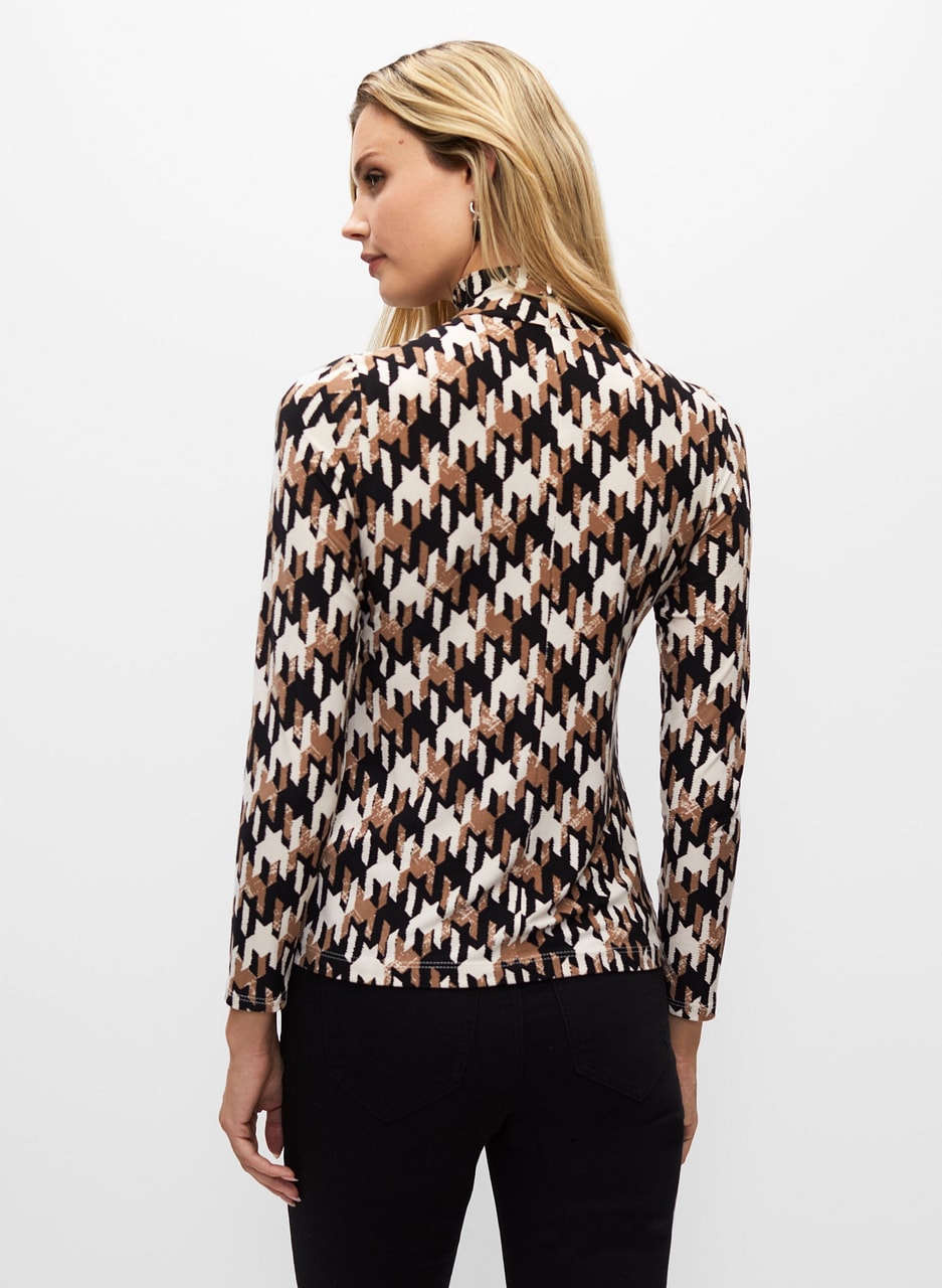 Houndstooth Print Mock Neck Top