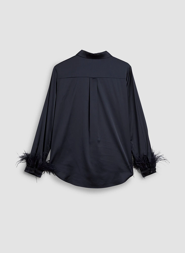 Feather Trim Satin Blouse