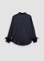 Feather Trim Satin Blouse