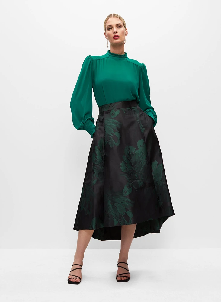 High-Low Floral Motif Midi Skirt