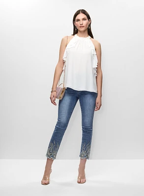 Ruffle Detail Blouse & Embroidered Straight Leg Jeans