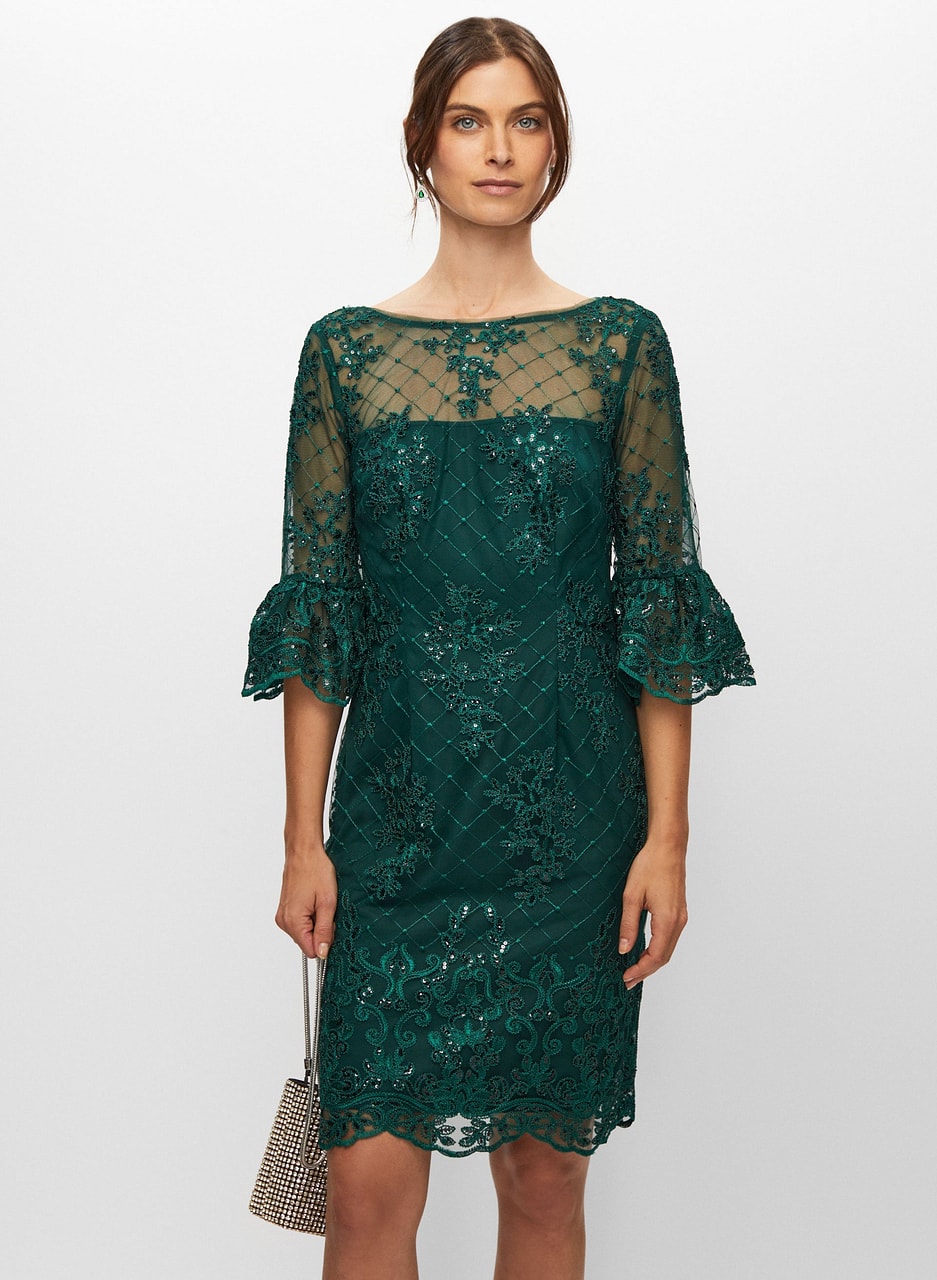 Adrianna Papell - Embroidered Lace Ruffle Sleeve Dress