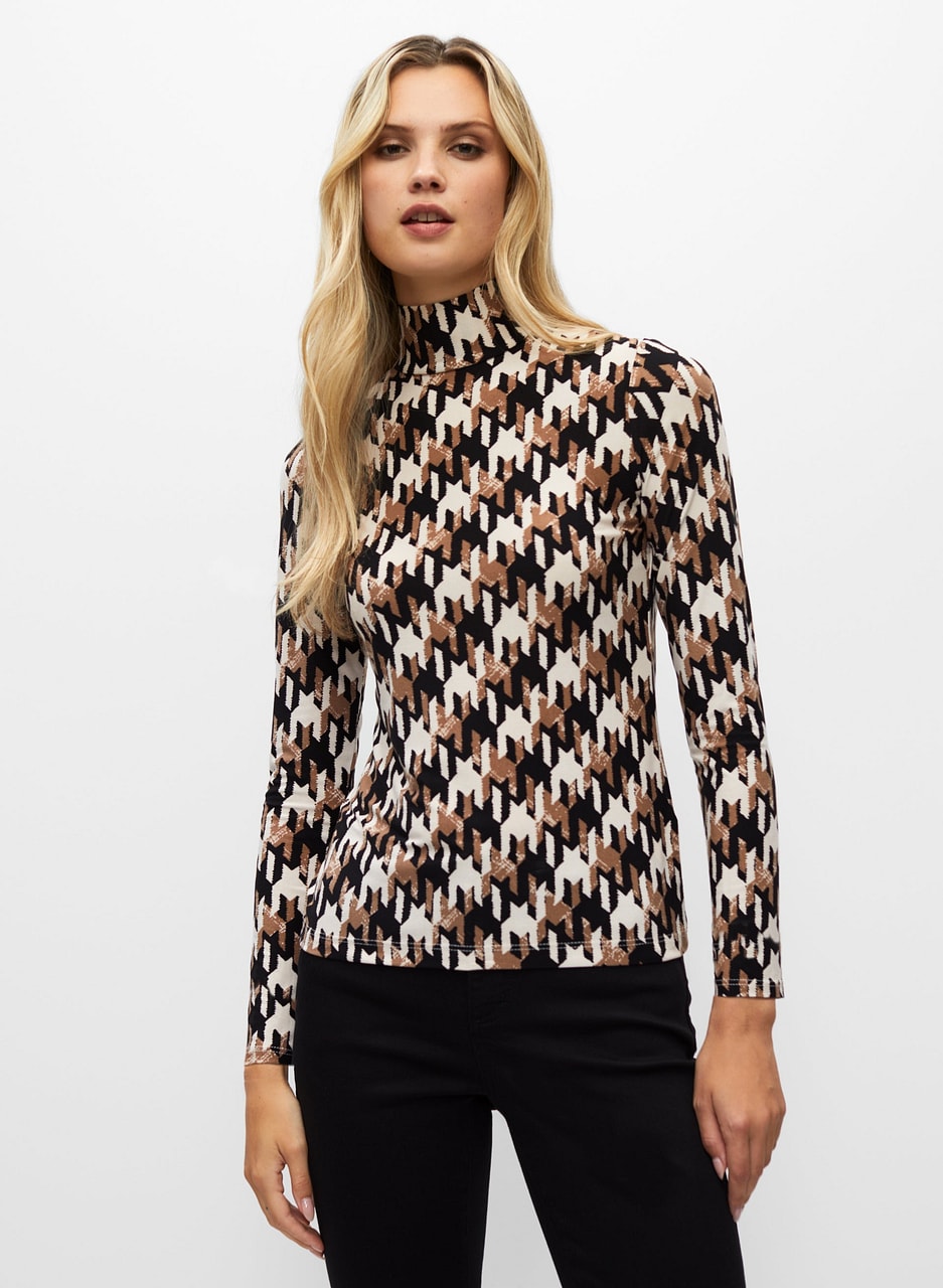 Houndstooth Print Mock Neck Top