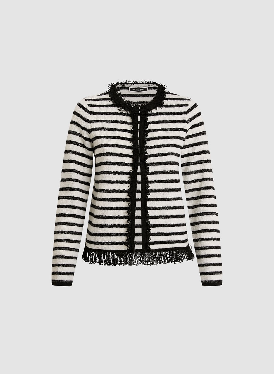 Fringe-Trimmed Striped Knit Cardigan