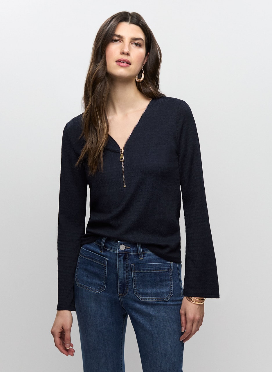 V-Neck Zip Detail Top