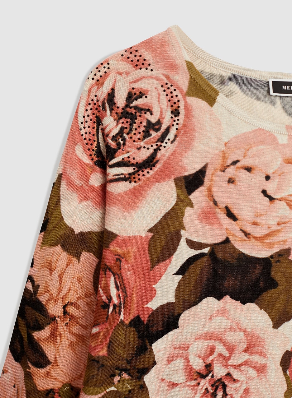 Rhinestone Detail Rose Print Sweater