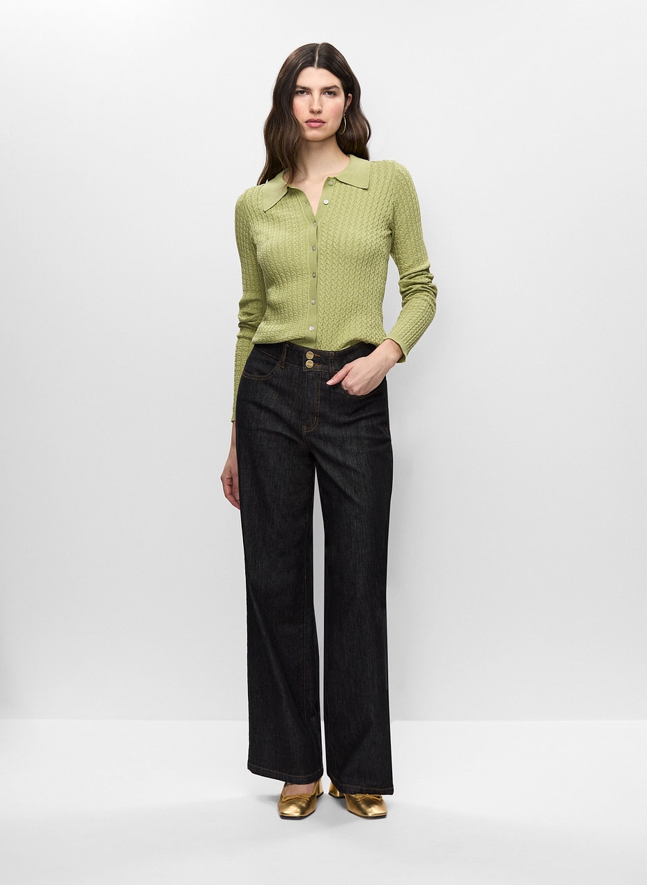 Knit Polo Top & Wide Leg Jeans