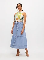 Button Front Denim Midi Skirt