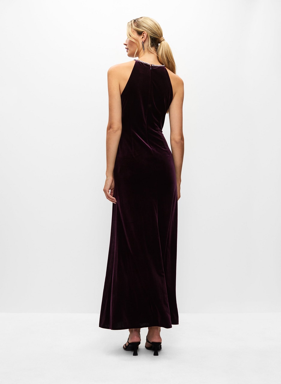 Stretch Velvet Crystal Halter Dress