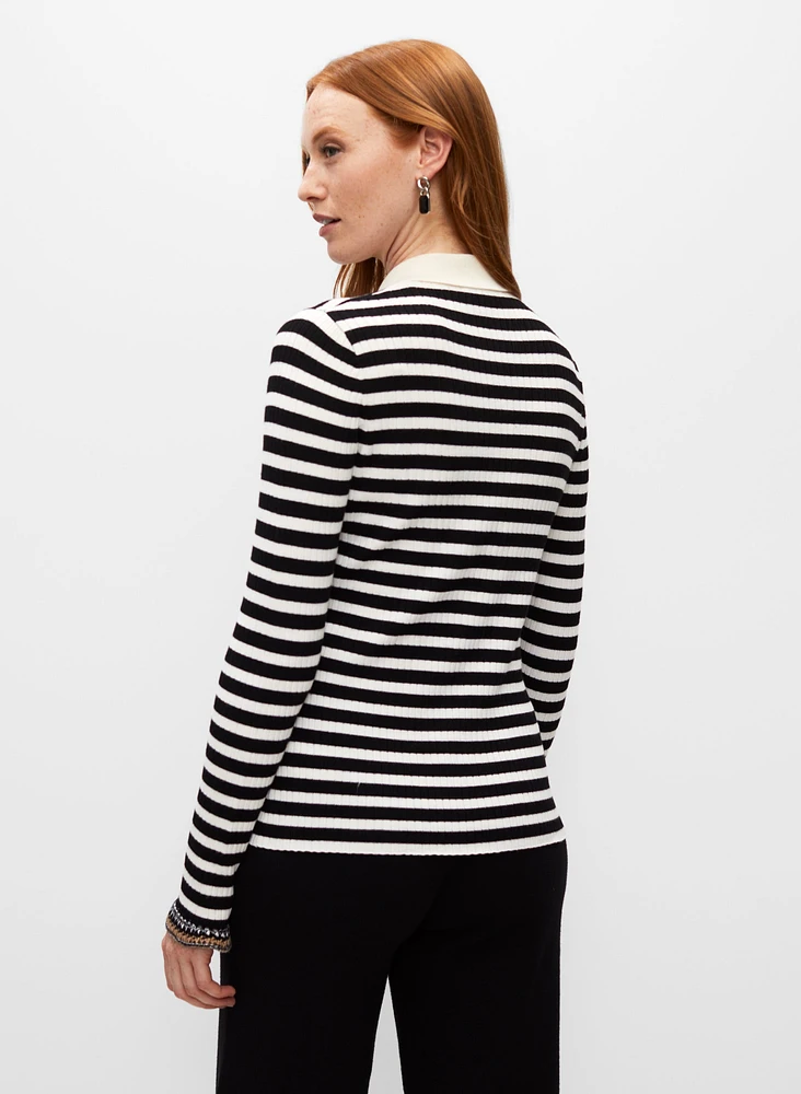 Striped Jewel Button Polo Sweater