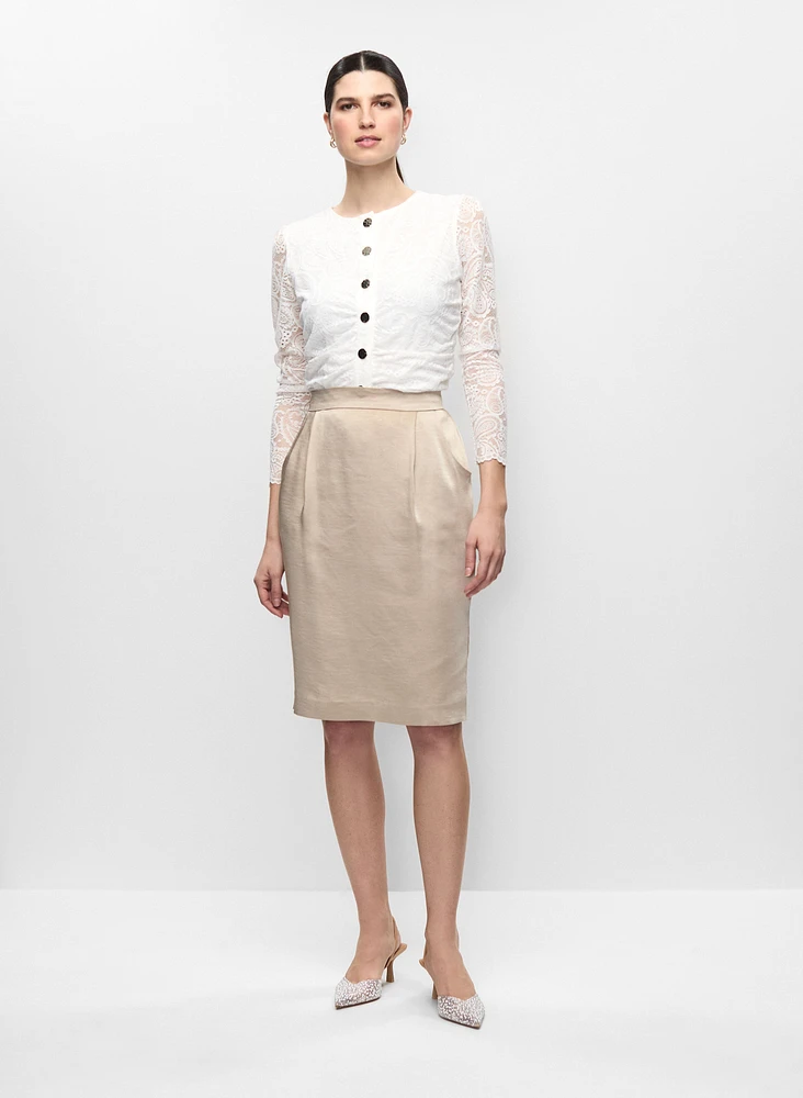 Lace Button Front Top & Satin Pencil Skirt