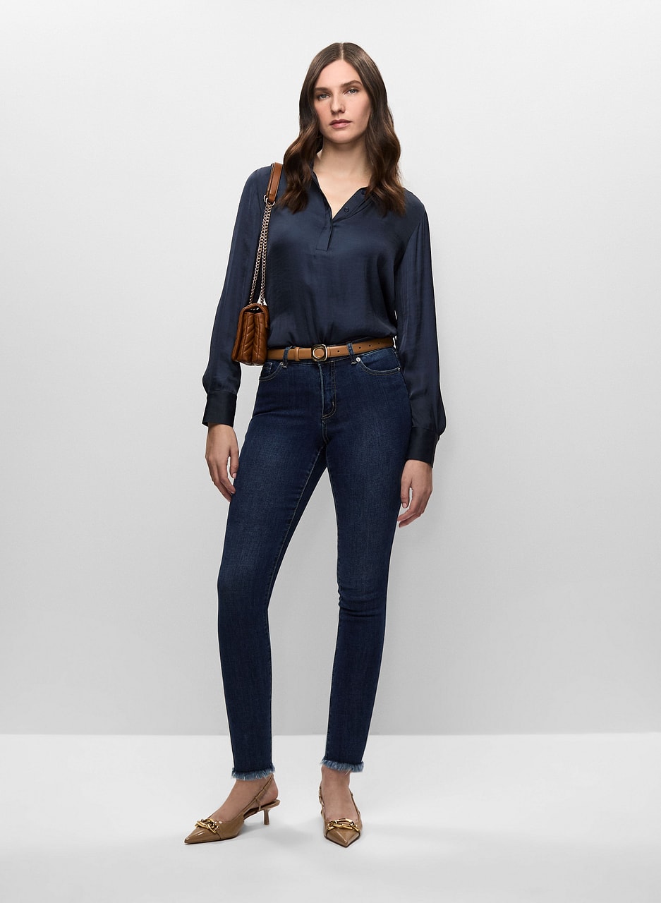 Tie Hem Satin Blouse & Slim Leg Jeans