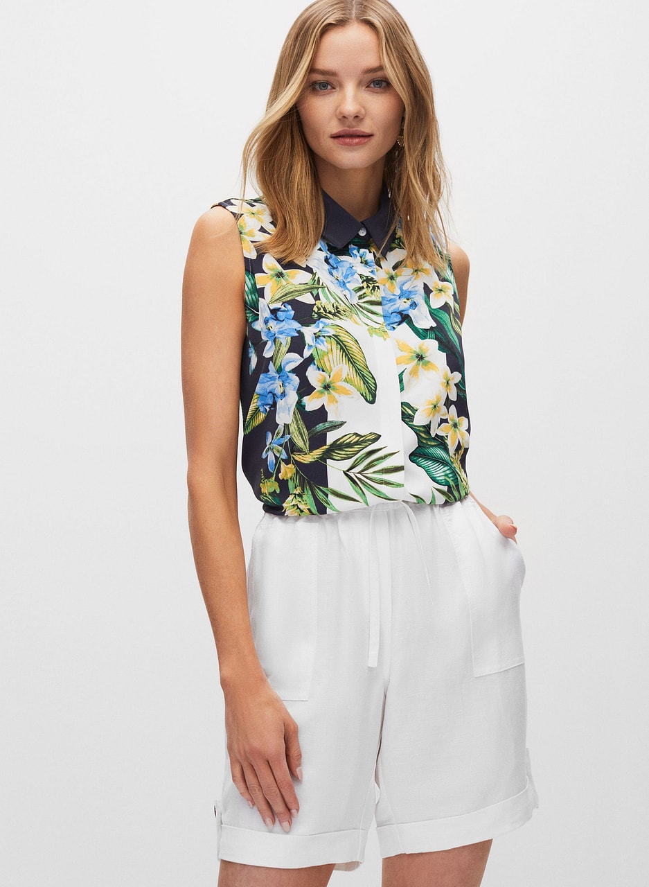 Floral Sleeveless Button Front Shirt