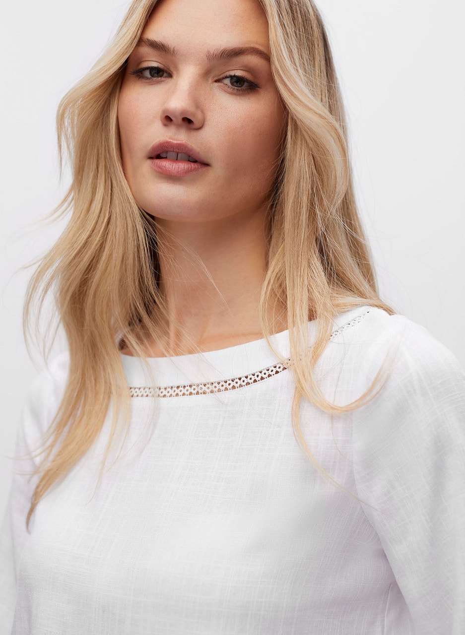 Linen Blend Eyelet Trim Blouse