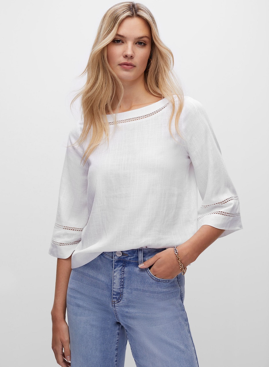 Linen Blend Eyelet Trim Blouse