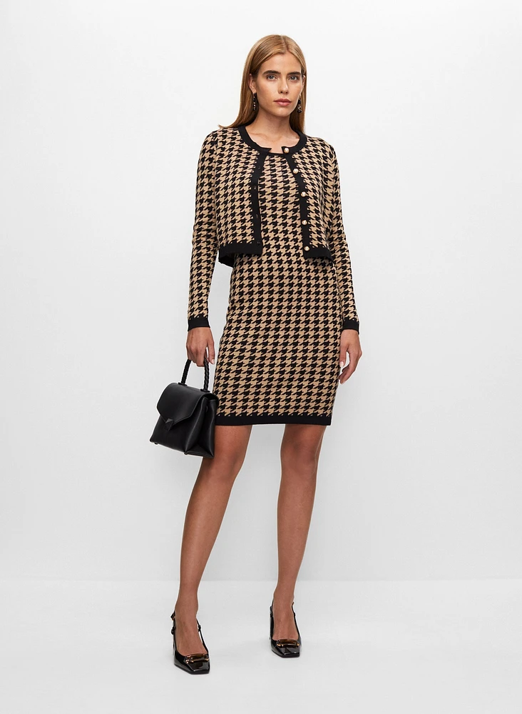 Houndstooth Motif Dress & Cardigan Set