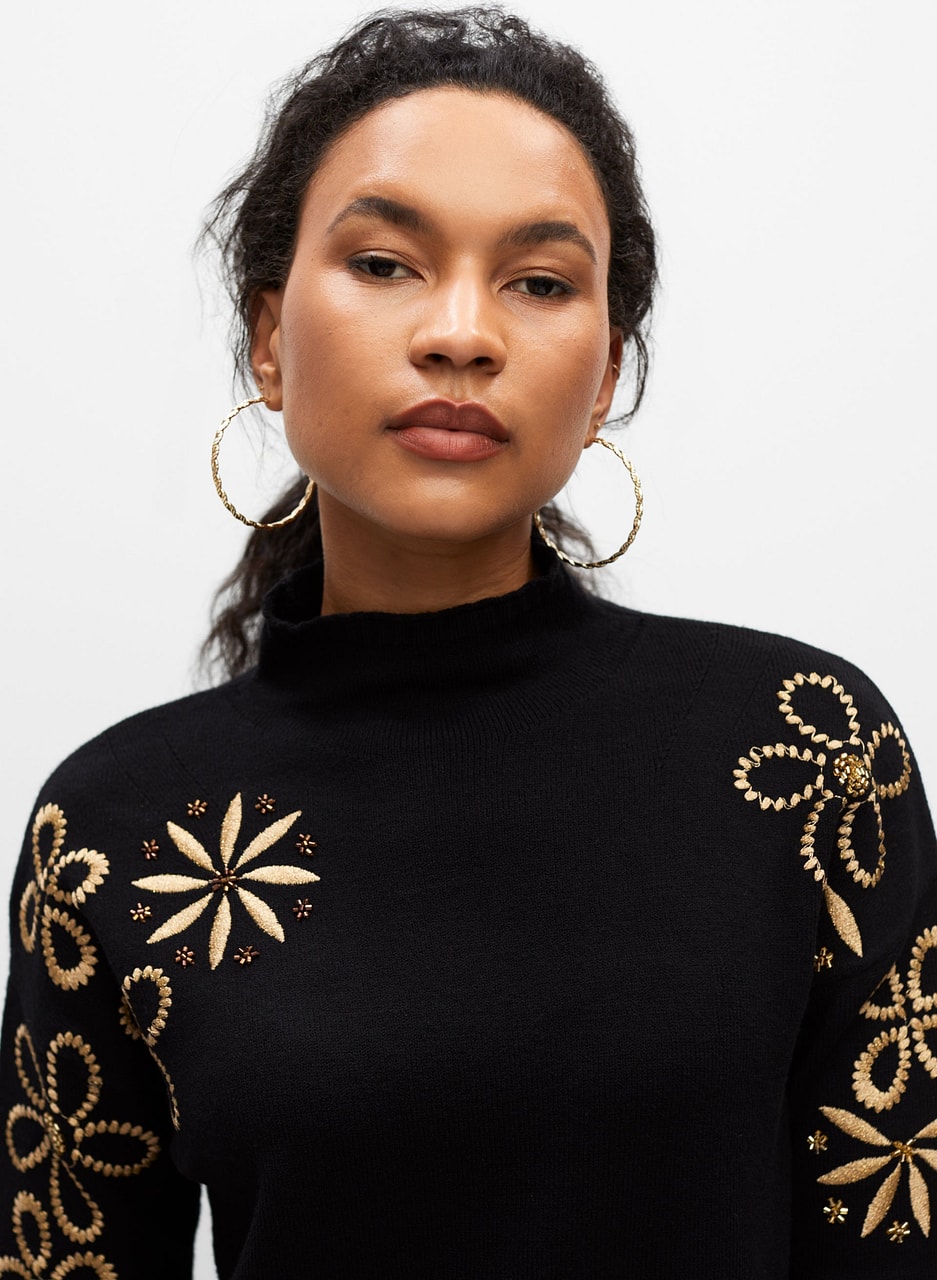 Embroidered Funnel Neck Tunic Sweater