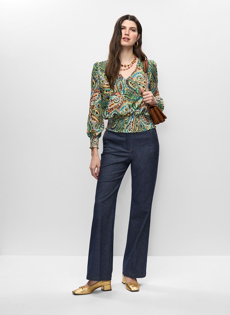 Smocked Paisley Blouse & Chambray Denim Pants