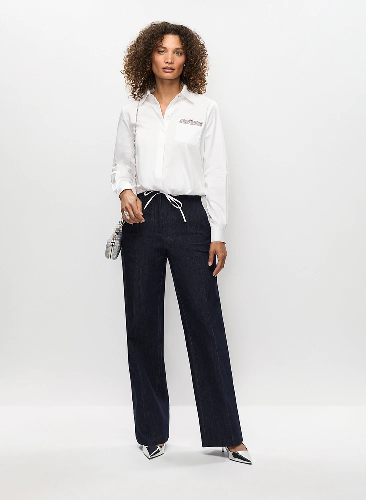 Rhinestone Detail Blouse & Wide Leg Denim Pants