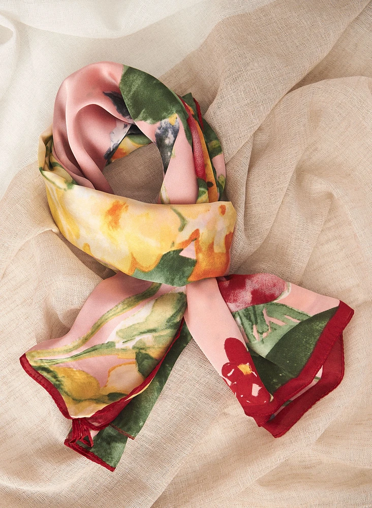 Floral & Leaf Print Square Scarf