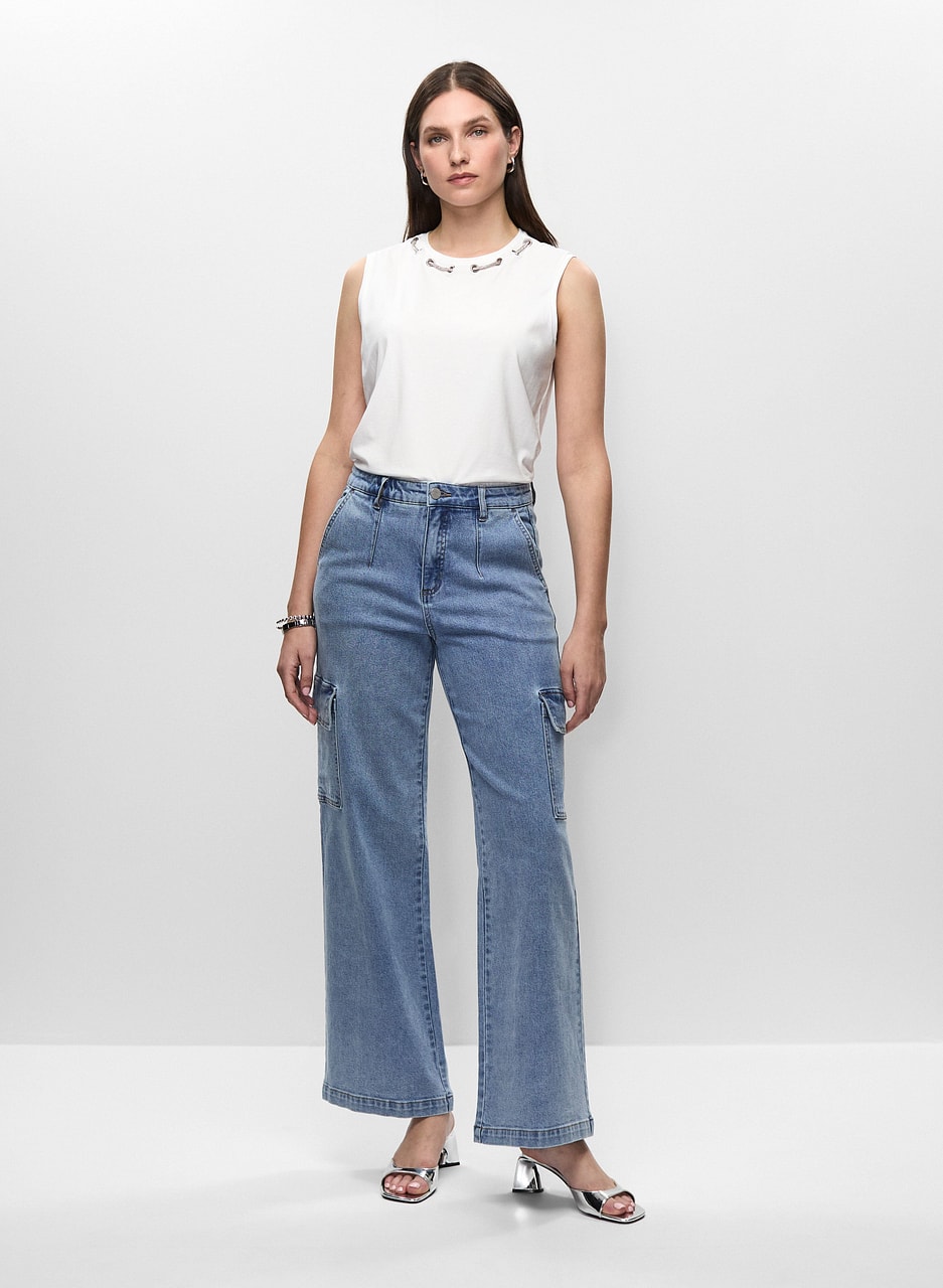 Eyelets Neckline Top & Cargo Jeans