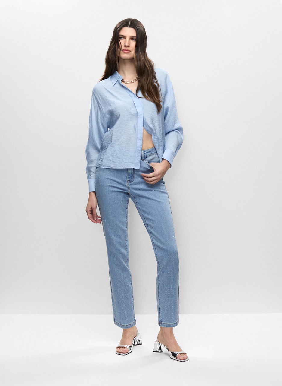 Crinkle Effect Blouse & Rhinestone Detail Jeans