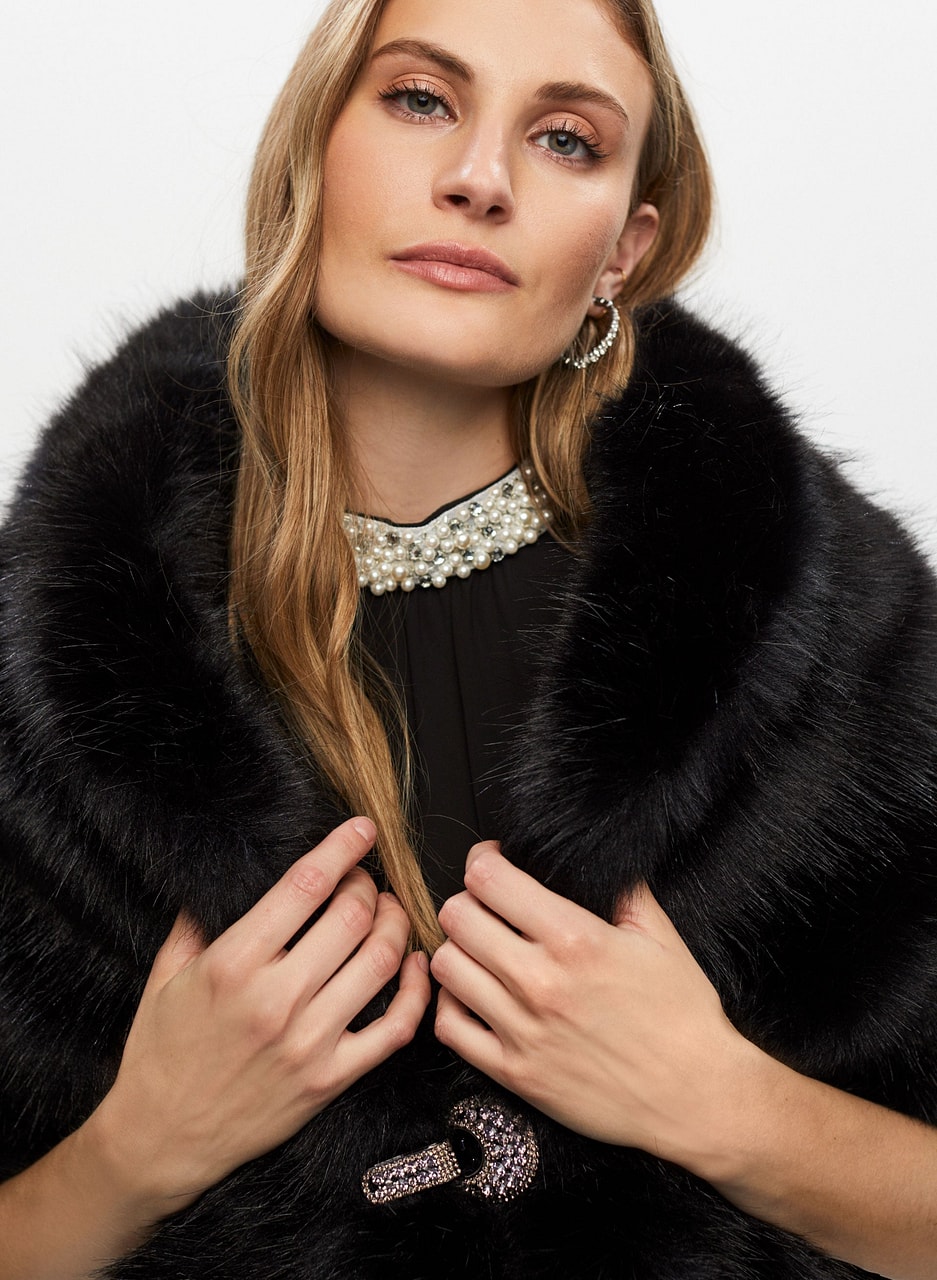 Rhinestone Clip Faux Fur Stole