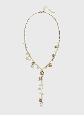 Pearl  & Hammered Discs Y Necklace