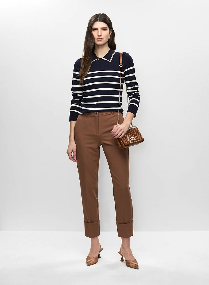 Pearl Embellished Striped Sweater & Cuffed Ankle Pants