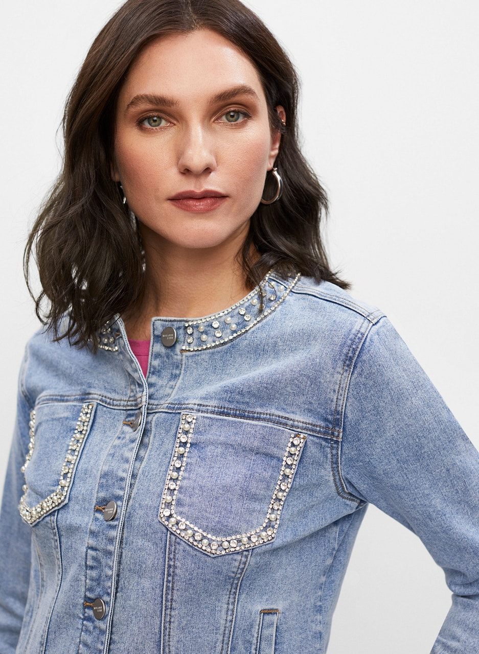 Short Pearl Detail Denim Jacket