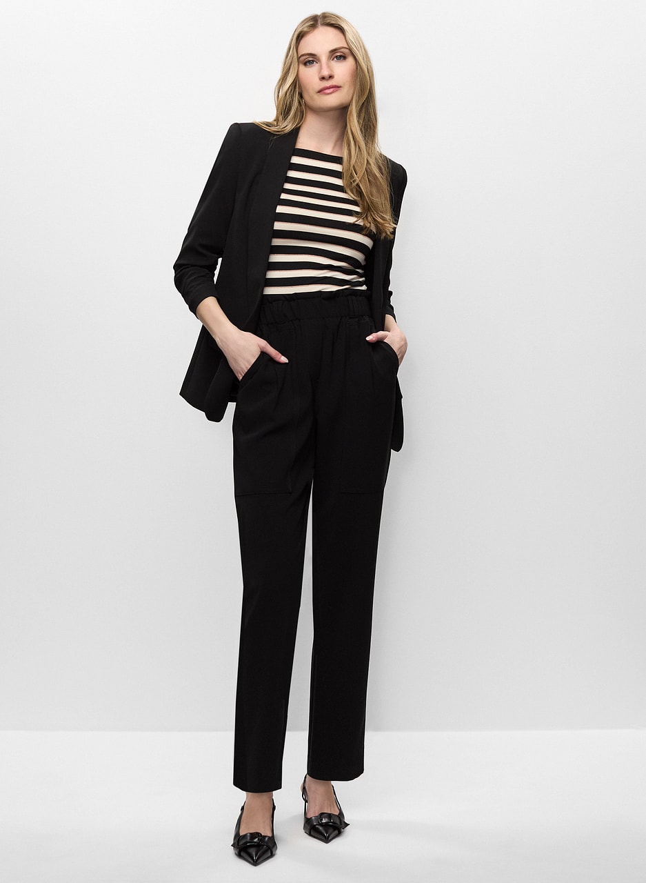 Roll-Up Sleeve Jacket, Glitter Stripe Tee & Ruffle Waist Pants