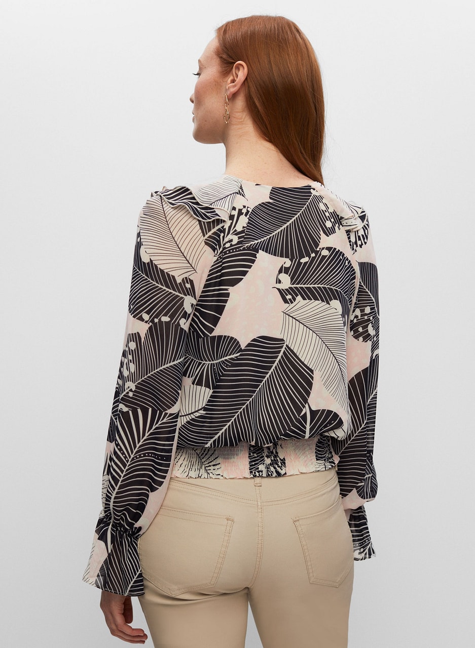 Palm Motif Ruffle Detail Blouse