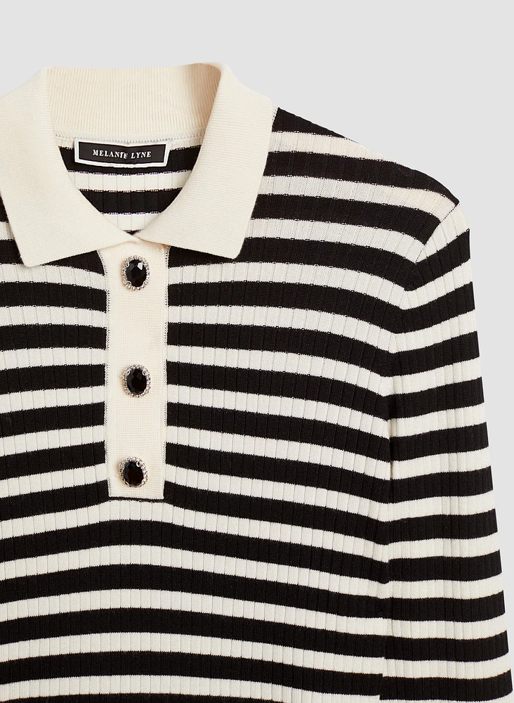 Striped Jewel Button Polo Sweater