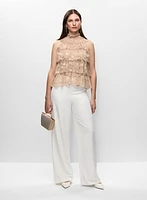 Tiered Lace Sleeveless Top & Satin Waist Pants