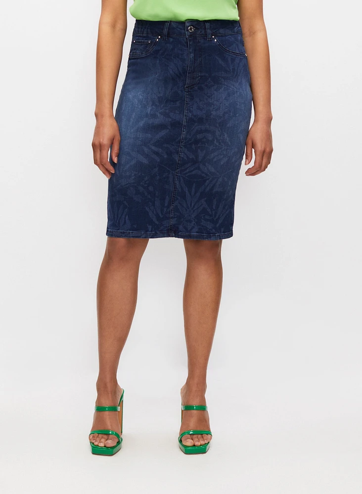 Leaf Print Denim Pencil Skirt