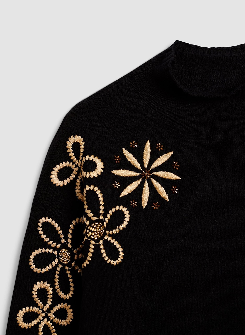 Embroidered Funnel Neck Tunic Sweater