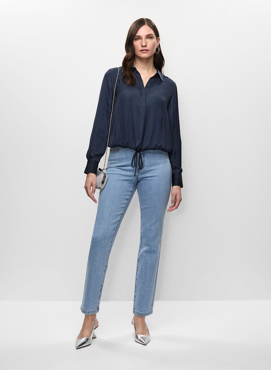 Tie Hem Satin Blouse & Rhinestone Detail Straight Leg Jeans