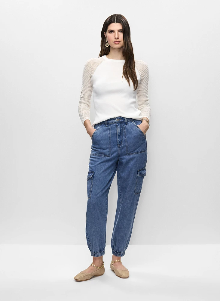 Open-Knit Sleeve Sweater & Cargo Jeans