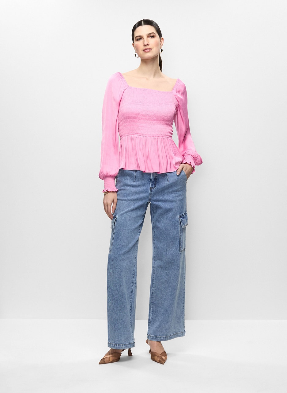 Satin Peplum Top & Wide Leg Cargo Jeans