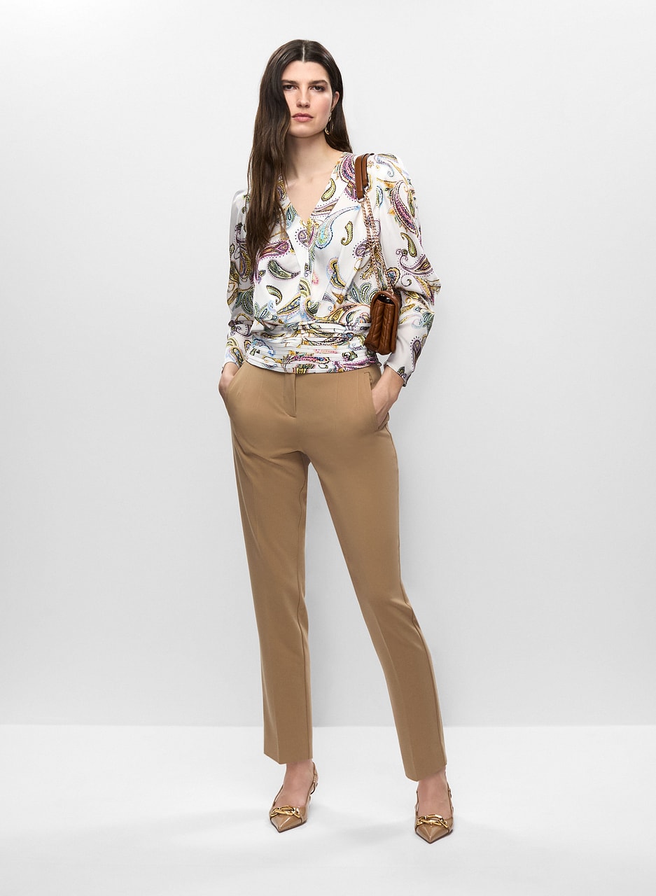 Paisley Smocked Hem Blouse & Slim Leg Pants