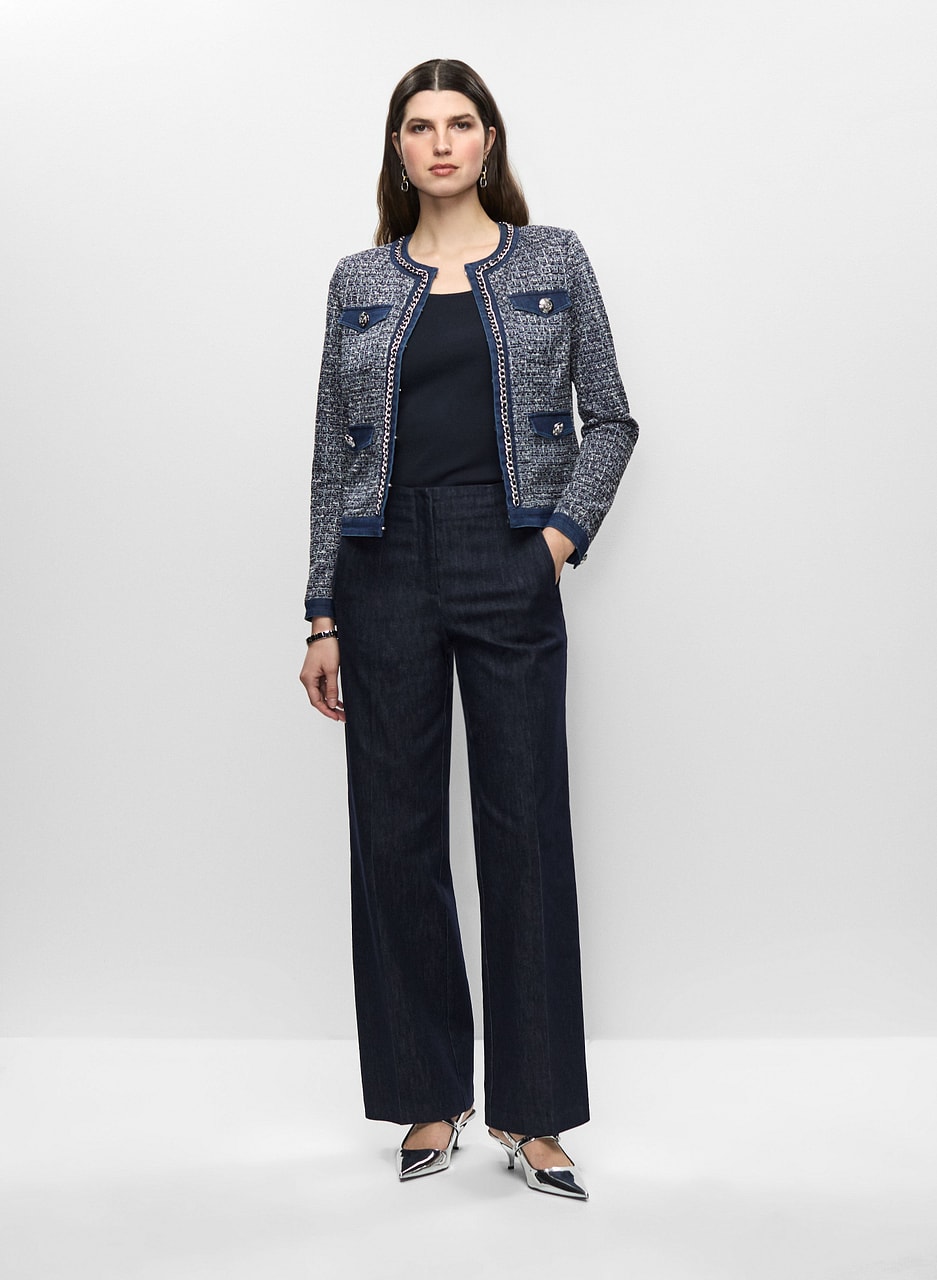 Denim Trim Bouclé Jacket & Wide Leg Denim Pants